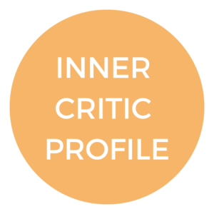 Yellow circle with white text, "inner critic profile"